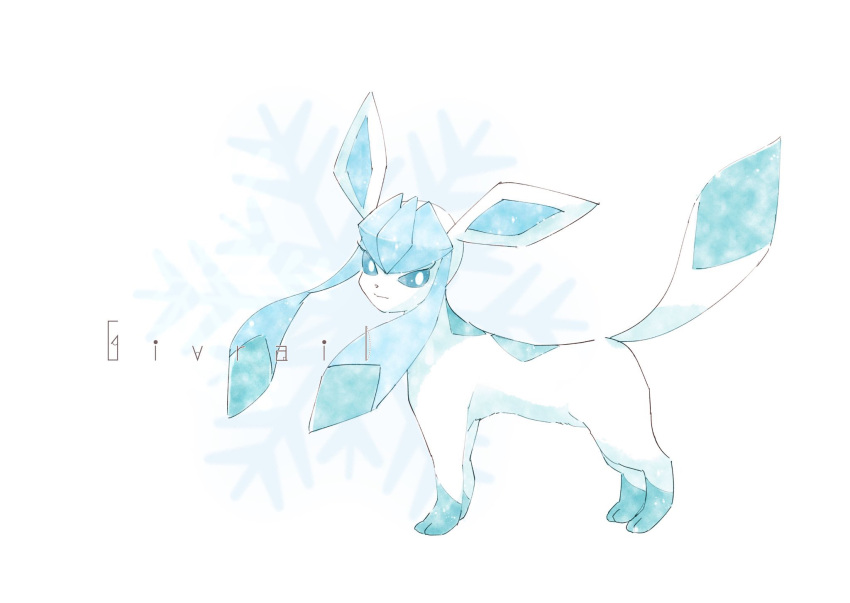 alternate_color animal_focus blue_sclera character_name closed_mouth colored_sclera commentary_request from_side full_body gen_4_pokemon glaceon highres iogi_(iogi_k) jpeg_artifacts looking_back no_humans pokemon pokemon_(creature) shiny_pokemon snowflakes solo standing white_background white_eyes