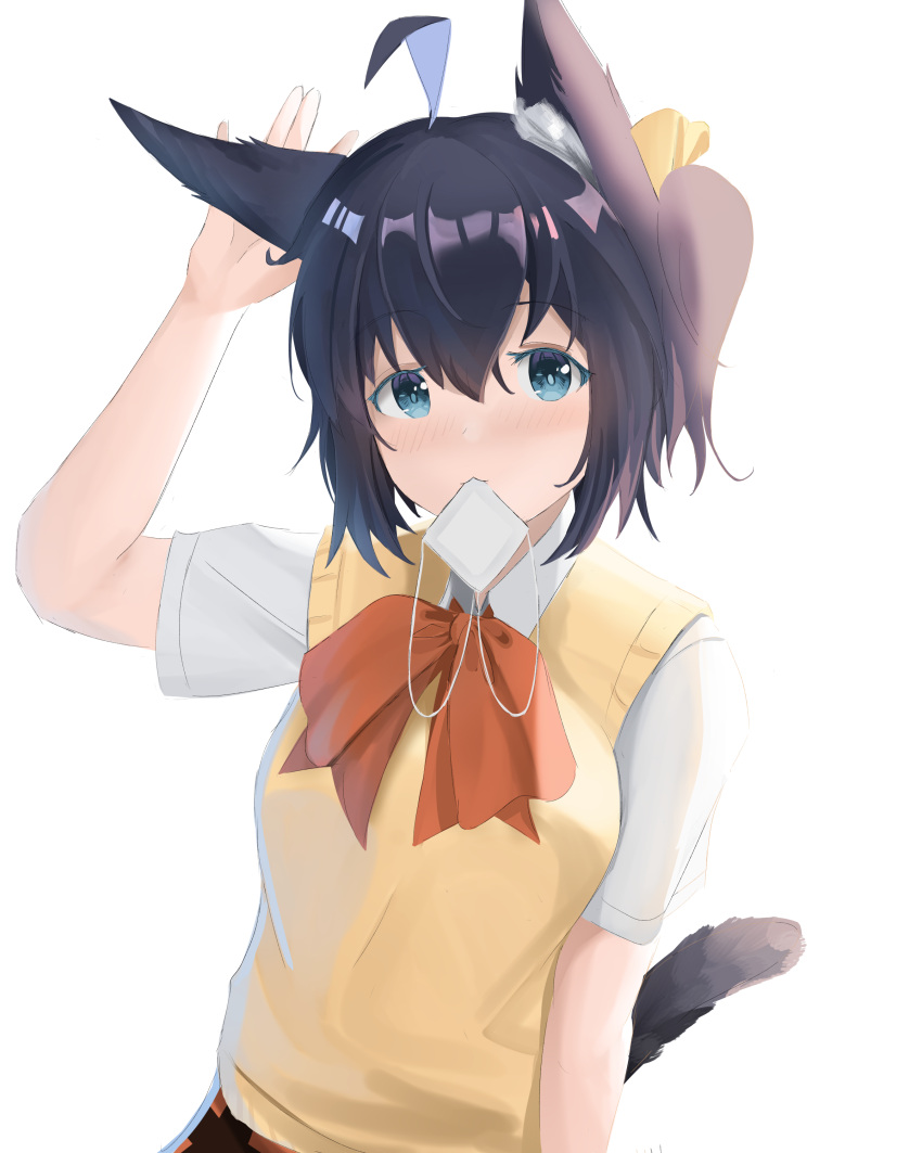 1girl absurdres ahoge animal_ear_fluff animal_ears bangs black_hair blue_eyes blush bow bowtie breasts cat_ears cat_girl cat_tail chuunibyou_demo_koi_ga_shitai! collared_shirt commentary exoius eyebrows_visible_through_hair eyepatch hair_between_eyes hair_ribbon hand_up highres kemonomimi_mode looking_at_viewer medium_breasts mouth_hold one_side_up red_neckwear ribbon school_uniform shirt short_hair short_sleeves simple_background skirt solo sweater_vest tail takanashi_rikka thigh-highs upper_body white_background white_shirt yellow_ribbon