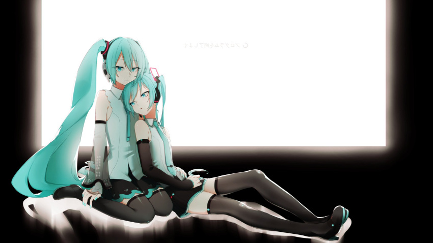 2girls aqua_eyes aqua_hair aqua_nails aqua_neckwear backlighting bare_shoulders black_background black_legwear black_skirt black_sleeves commentary detached_sleeves dual_persona hair_ornament hatsune_miku hatsune_miku_(nt) hatsune_miku_(vocaloid4) headphones headset high_heels highres layered_sleeves light_smile long_hair looking_at_another looking_to_the_side lying_on_person miniskirt monitor multiple_girls nail_polish neck_ribbon necktie odd_(miyoru) parted_lips piapro pleated_skirt ribbon screen_light see-through_legwear see-through_sleeves seiza shirt sitting skirt sleeveless sleeveless_shirt thigh-highs twintails v4x very_long_hair vocaloid white_shirt white_sleeves zettai_ryouiki
