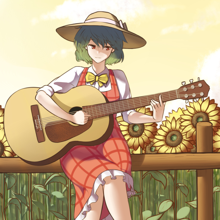 1girl acoustic_guitar bow bowtie collared_shirt crossed_legs dress eyebrows_visible_through_hair field flower flower_field frills green_hair guitar hat hat_bow highres instrument kazami_yuuka kim_aendeo long_sleeves music phantasmagoria_of_flower_view plaid plaid_dress playing_instrument red_dress red_eyes shirt short_hair sitting smile straw_hat sunflower sunset touhou wavy_hair white_shirt yellow_neckwear