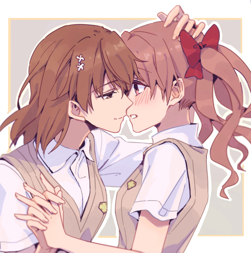 2girls blush bow brown_eyes brown_hair eyebrows_visible_through_hair flower hair_flower hair_ornament hand_on_another's_head highres holding_hand huakuiliehuo imminent_kiss looking_at_another misaka_mikoto multiple_girls red_bow school_uniform shirai_kuroko short_twintails smile teeth to_aru_majutsu_no_index tokiwadai_school_uniform twintails yuri
