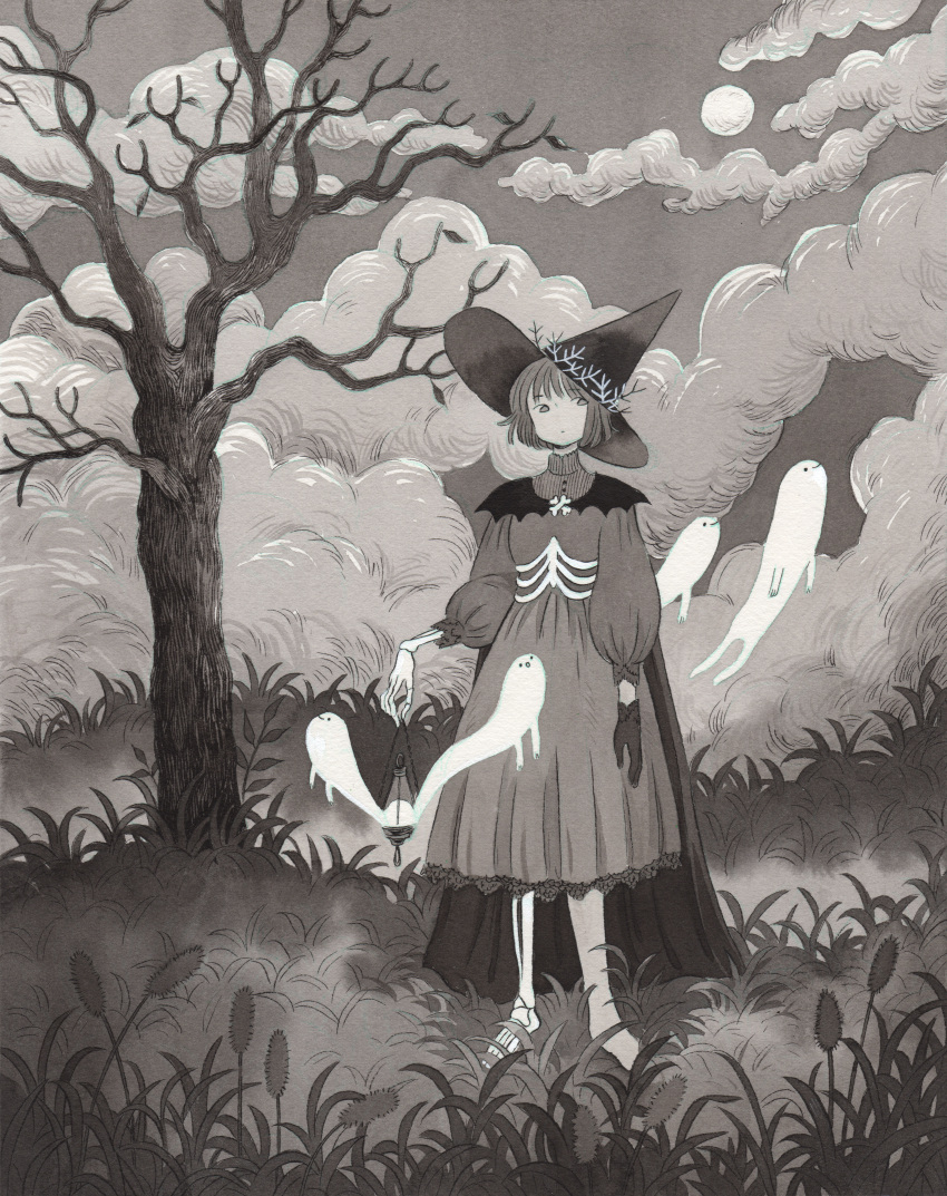 1girl absurdres black_gloves black_headwear clouds cloudy_sky dress ghost gloves grass grey_dress grey_sky greyscale hat heikala highres leaf long_sleeves monochrome original outdoors plant puffy_long_sleeves puffy_sleeves short_hair skeletal_arm skeletal_leg sky solo standing traditional_media tree wide_shot witch_hat