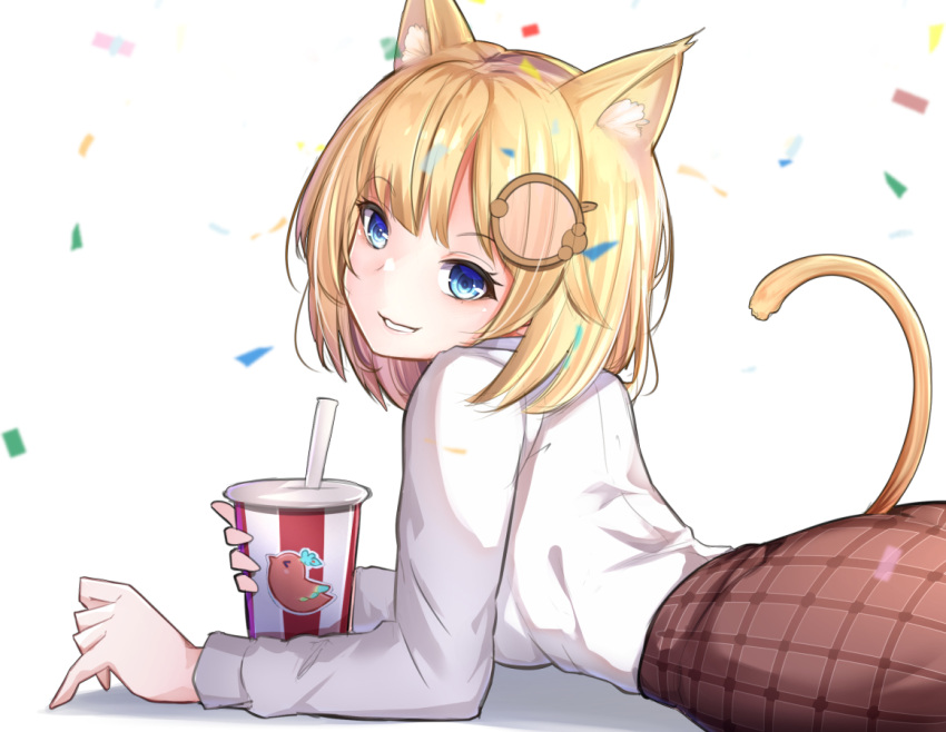 1girl animal_ear_fluff animal_ears cat_ears cat_tail confetti cup disposable_cup drinking_straw holding holding_cup hololive hololive_english kemonomimi_mode kfp looking_at_viewer looking_back plaid plaid_skirt shirt shirt_tucked_in skirt smile solo tail virtual_youtuber watson_amelia white_shirt zeroyama