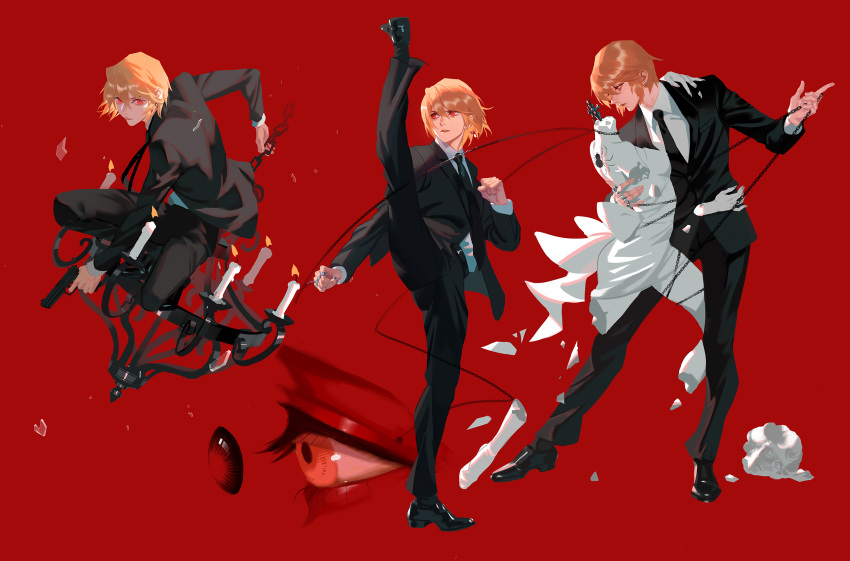 1boy bangs belt black_belt black_clothes black_footwear black_jacket black_neckwear black_suit blonde_hair chain chandelier closed_mouth collar collared_shirt commentary dancing ear_piercing earrings eyes formal from_side full_body gun hair_between_eyes handgun highres holding holding_chain holding_gun holding_weapon hunter_x_hunter jacket jewelry kurapika leg_up lens lips long_sleeves looking_at_viewer looking_away looking_down male_focus medium_hair necktie parted_lips piercing pistol qiuyanga red_background red_eyes shirt shoes simple_background sitting standing standing_on_one_leg statue suit weapon white_shirt