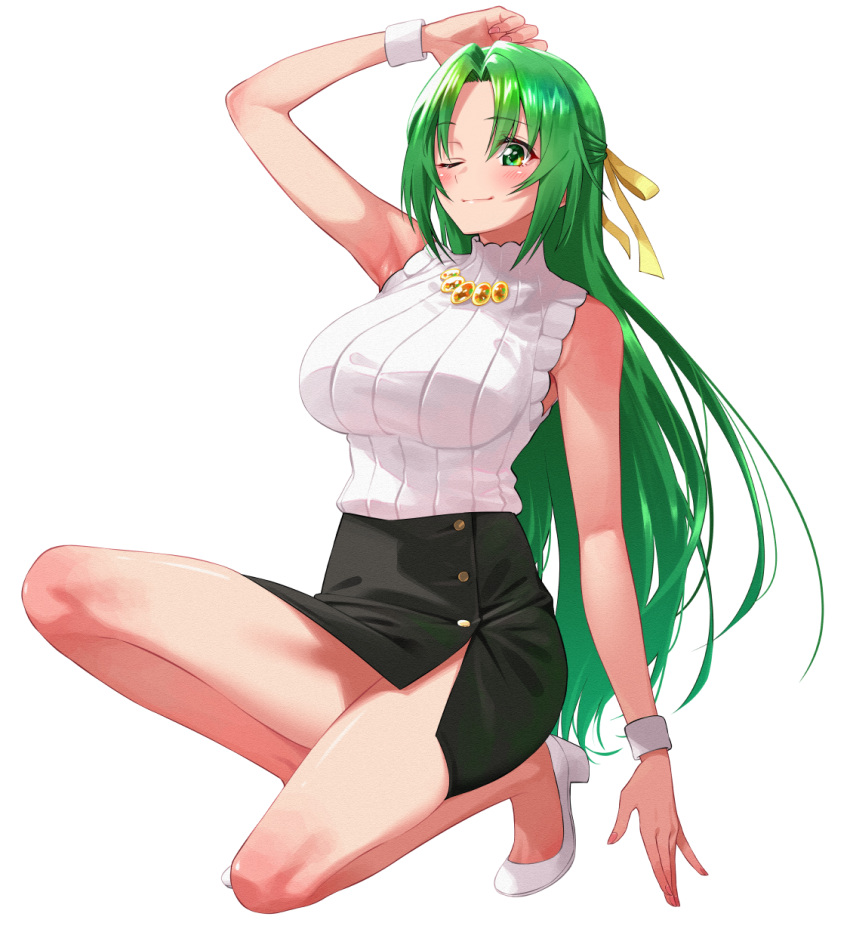 1girl ;) arm_up armpits bangs bare_arms bare_shoulders black_skirt blush breasts buttons closed_mouth eyebrows_visible_through_hair fingernails full_body green_eyes hair_ribbon half_updo high_heels highres higurashi_no_naku_koro_ni ice_reizou jewelry large_breasts long_hair looking_away miniskirt necklace one_eye_closed one_knee parted_bangs pencil_skirt ribbed_sweater ribbon shiny shiny_hair shoes side_slit simple_background skirt sleeveless sleeveless_sweater sleeveless_turtleneck smile solo sonozaki_shion sweater turtleneck very_long_hair white_background white_footwear white_sweater wristband yellow_ribbon