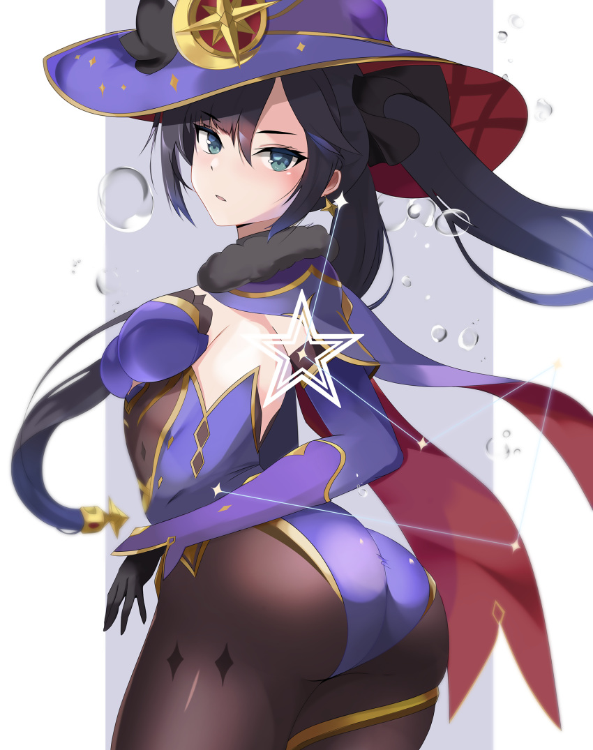 1girl absurdres aqua_eyes ass black_legwear breasts bubble cape earrings edelritter fur_trim genshin_impact half-closed_eyes hat highres jewelry leotard looking_at_viewer mona_(genshin_impact) pantyhose parted_lips sideboob solo twintails witch_hat