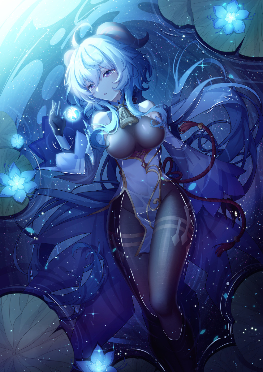 1girl absurdres afloat ahoge bangs bare_shoulders bell black_gloves black_legwear blue_hair blush bodystocking breasts covered_navel crying crying_with_eyes_open detached_sleeves eyebrows_visible_through_hair feet_out_of_frame flower ganyu_(genshin_impact) genshin_impact gloves glowing hair_between_eyes highres horns large_breasts lily_pad long_hair long_sleeves parted_lips so_tsubasa solo sphere tassel tears very_long_hair violet_eyes water