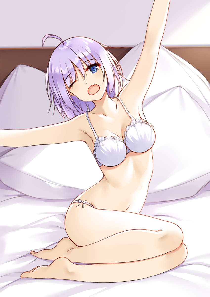 1girl armpits bare_arms bare_legs bare_shoulders barefoot bed blue_eyes bra breasts feet flan_(seeyouflan) full_body highres looking_at_viewer medium_breasts no_shoes on_bed one_eye_closed open_mouth original panties pillow purple_hair short_hair underwear white_panties