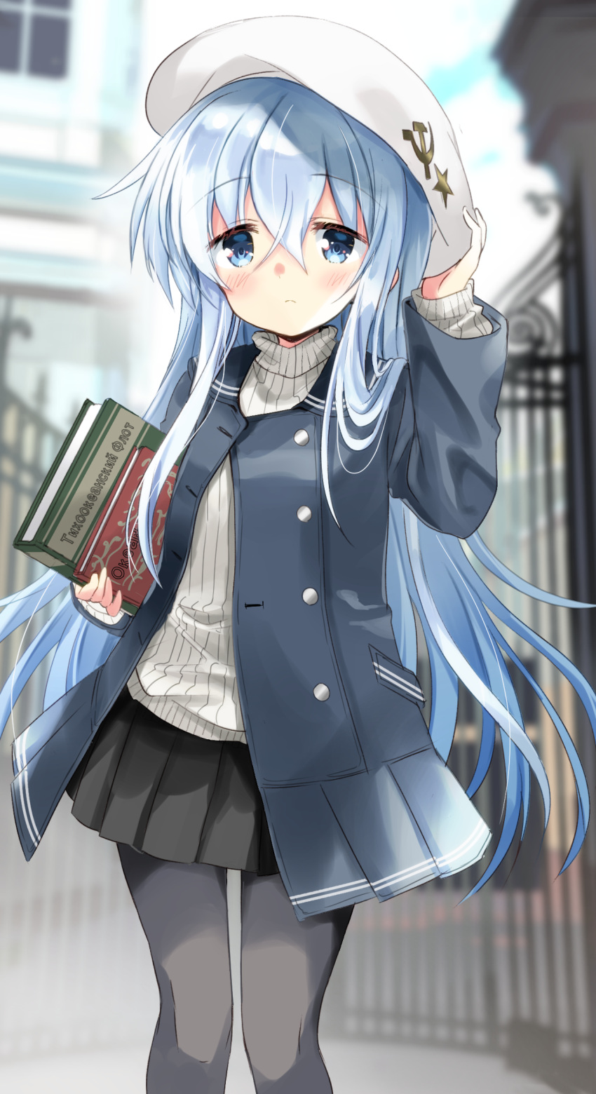 1girl alternate_costume beret black_coat black_legwear black_skirt blue_eyes blush book buttons closed_mouth coat eyebrows_visible_through_hair feet_out_of_frame hair_between_eyes hammer_and_sickle hat hibiki_(kantai_collection) highres hizuki_yayoi holding holding_book kantai_collection long_hair long_sleeves pleated_skirt ribbed_sweater silver_hair skirt solo sweater thigh-highs turtleneck turtleneck_sweater verniy_(kantai_collection) white_headwear