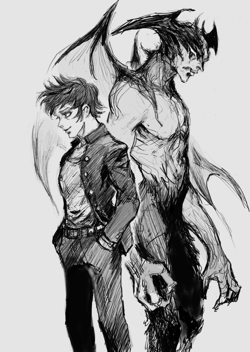 1boy back-to-back belt claws closed_mouth dark_persona demon_boy demon_wings devilman devilman_(character) fudou_akira grey_background greyscale hands_in_pockets hatching_(texture) head_wings highres monochrome navel otsu_(outsunaruse) pectorals simple_background sketch smile wings