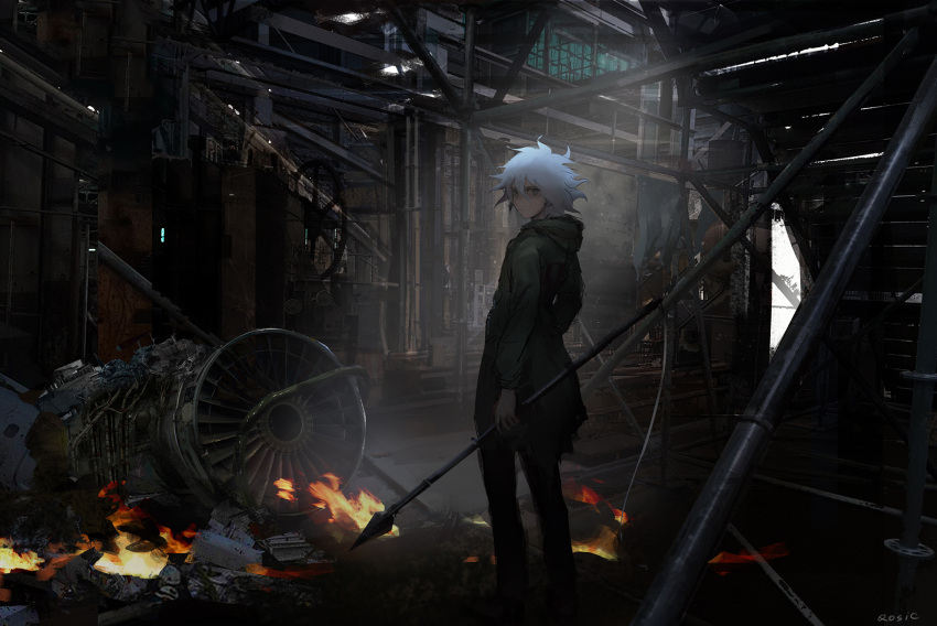 1boy bangs dangan_ronpa_(series) dangan_ronpa_2:_goodbye_despair fire green_jacket grey_hair highres holding holding_spear holding_weapon hood hood_down hooded_jacket jacket komaeda_nagito looking_at_viewer looking_back machinery male_focus medium_hair pants polearm qosic solo spear sunlight weapon white_hair