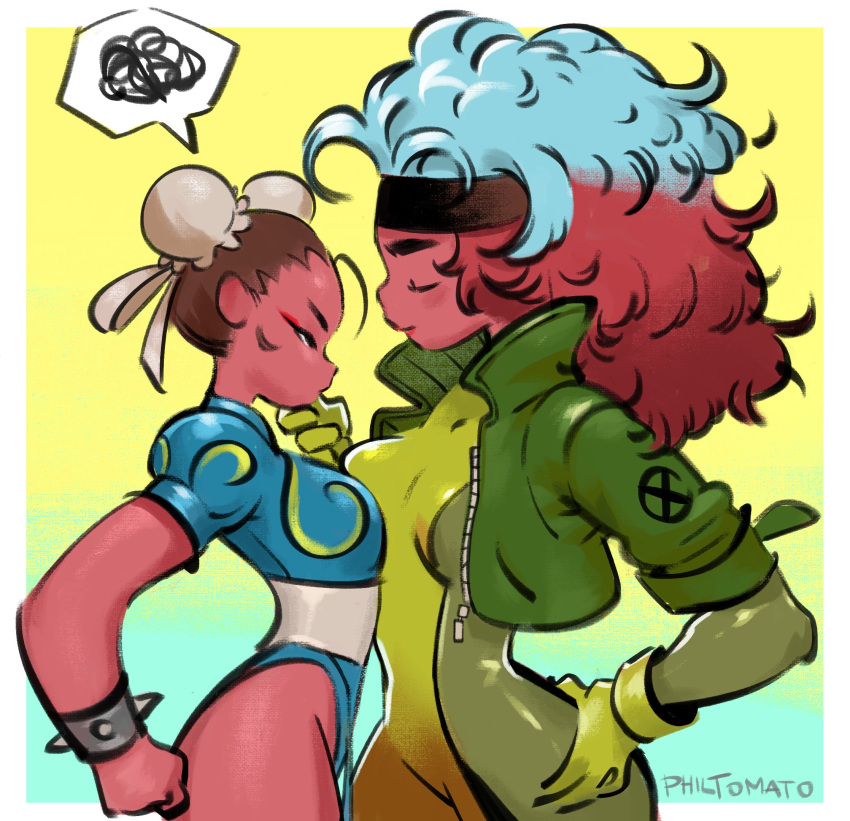 2girls artist_name bodysuit bracelet brown_hair bun_cover chinese_clothes chun-li cropped_jacket double_bun gloves hand_on_another's_chin hand_on_hip headband highres jewelry marvel marvel_vs._capcom marvel_vs._capcom_2 multicolored_hair multiple_girls philip_bawasanta rogue_(x-men) spiked_bracelet spikes spoken_squiggle squiggle street_fighter two-tone_hair x-men yuri