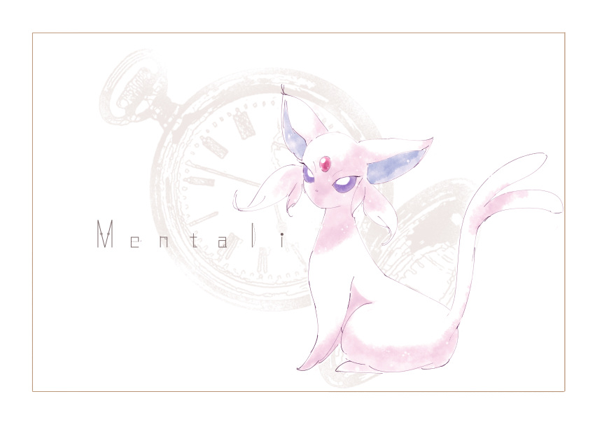 absurdres animal_focus border character_name colored_sclera commentary_request espeon forehead_jewel from_side full_body gen_2_pokemon highres iogi_(iogi_k) looking_up no_humans no_mouth pocket_watch pokemon pokemon_(creature) purple_sclera sitting solo watch white_background white_eyes
