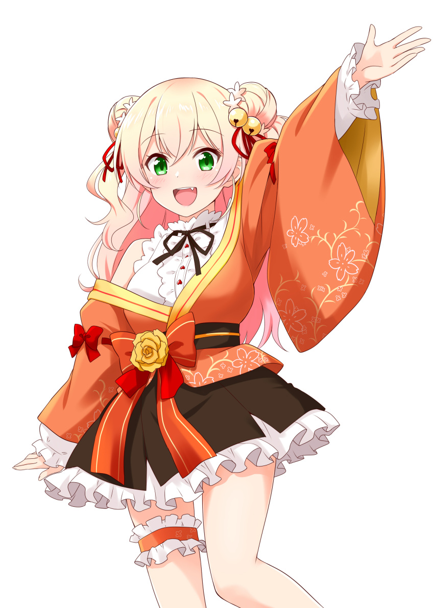 1girl absurdres bangs bell black_skirt blonde_hair bow breasts double_bun eyebrows_visible_through_hair felutiahime flower green_eyes hair_bell hair_between_eyes hair_ornament highres hololive japanese_clothes large_breasts looking_at_viewer momosuzu_nene off_shoulder orange_bow red_bow skirt smile solo thigh_strap two_side_up virtual_youtuber waving wide_sleeves yellow_flower