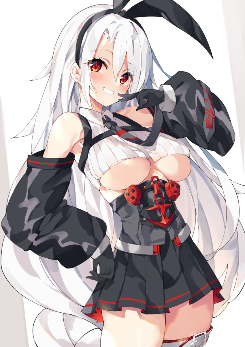 1girl azur_lane bare_shoulders black_gloves black_skirt breasts collared_shirt cowboy_shot crop_top detached_sleeves gloves grin hand_on_hip highres large_breasts long_hair long_sleeves looking_at_viewer miniskirt necktie no_bra pleated_skirt prinz_heinrich_(azur_lane) red_eyes ribbed_shirt shirt skindentation skirt sleeveless sleeveless_shirt smile solo thigh-highs thighs unacchi_(nyusankin) under_boob underbust very_long_hair white_hair white_shirt zettai_ryouiki