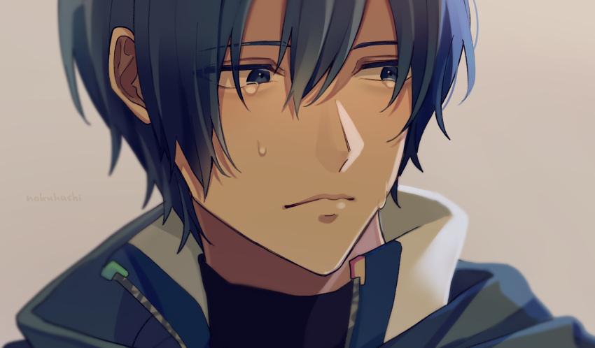 1boy blue_eyes blue_hair blue_scarf blue_shirt close-up coat commentary crying crying_with_eyes_open highres kaito light_frown looking_to_the_side male_focus nokuhashi portrait scarf shirt tears vocaloid white_coat zipper