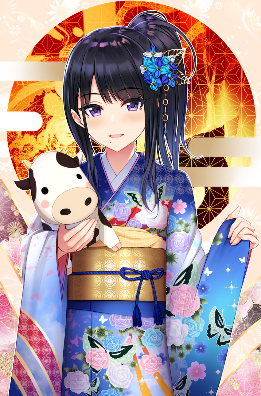 1girl absurdres bangs black_hair eyebrows_visible_through_hair floral_print flower furisode hair_flower hair_ornament highres idolmaster idolmaster_shiny_colors japanese_clothes kazano_hiori kimono miyar2d2 mole mole_under_mouth open_mouth sash side_ponytail smile stuffed_animal stuffed_cow stuffed_toy violet_eyes