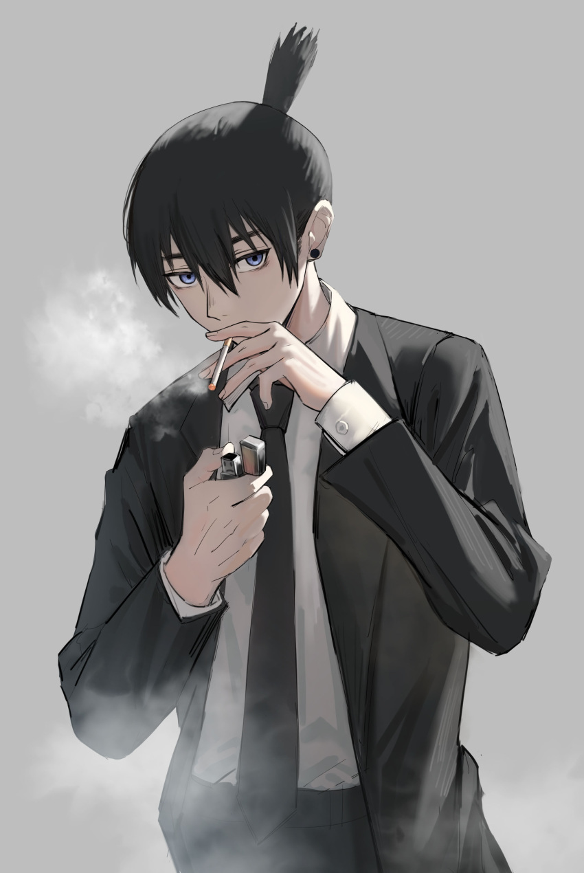 1boy absurdres bilibilida black_neckwear black_suit blue_eyes chainsaw_man cigarette earrings fingernails formal grey_background hair_between_eyes hayakawa_aki_(chainsaw_man) highres holding holding_cigarette holding_lighter jewelry lighter looking_at_viewer male_focus necktie simple_background smoke smoking solo suit