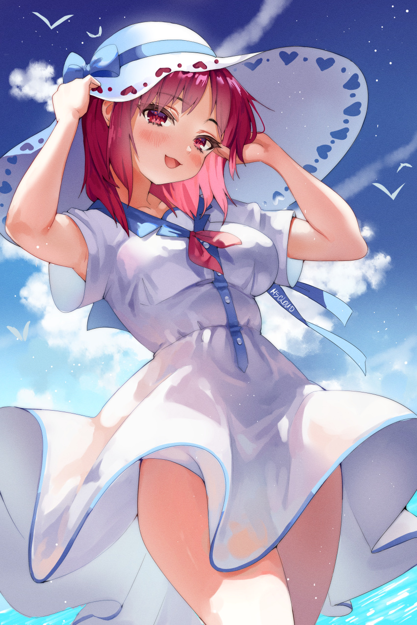 1girl absurdres angel_beats! armpit_peek artist_name bangs bird blue_bow blue_sailor_collar blush bow breasts clothing_cutout clouds day dress eyebrows_visible_through_hair hands_on_headwear hat hat_bow heart_cutout highres huge_filesize iwasawa looking_at_viewer medium_breasts ms_cloud neckerchief ocean open_mouth outdoors red_eyes red_neckwear redhead sailor_collar sailor_dress short_hair short_sleeves sky smile solo summer sun_hat sundress thighs water white_dress wind
