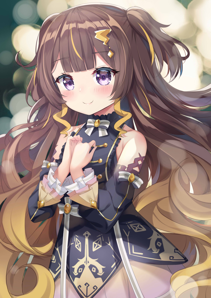 1girl absurdres anya_melfissa blurry blurry_background blush brown_hair dress hair_ornament hands_on_own_chest highres hololive hololive_indonesia ikazu401 long_hair looking_at_viewer multicolored_hair sleeveless smile solo violet_eyes virtual_youtuber
