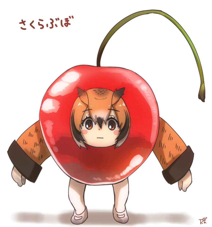 1girl :| bangs black_hair blush_stickers brown_eyes brown_hair cherry closed_mouth commentary_request eurasian_eagle_owl_(kemono_friends) expressionless eyebrows_visible_through_hair food fruit full_body hair_between_eyes highres kemono_friends looking_at_viewer signature simple_background solo thin_(suzuneya) translation_request what white_background white_hair