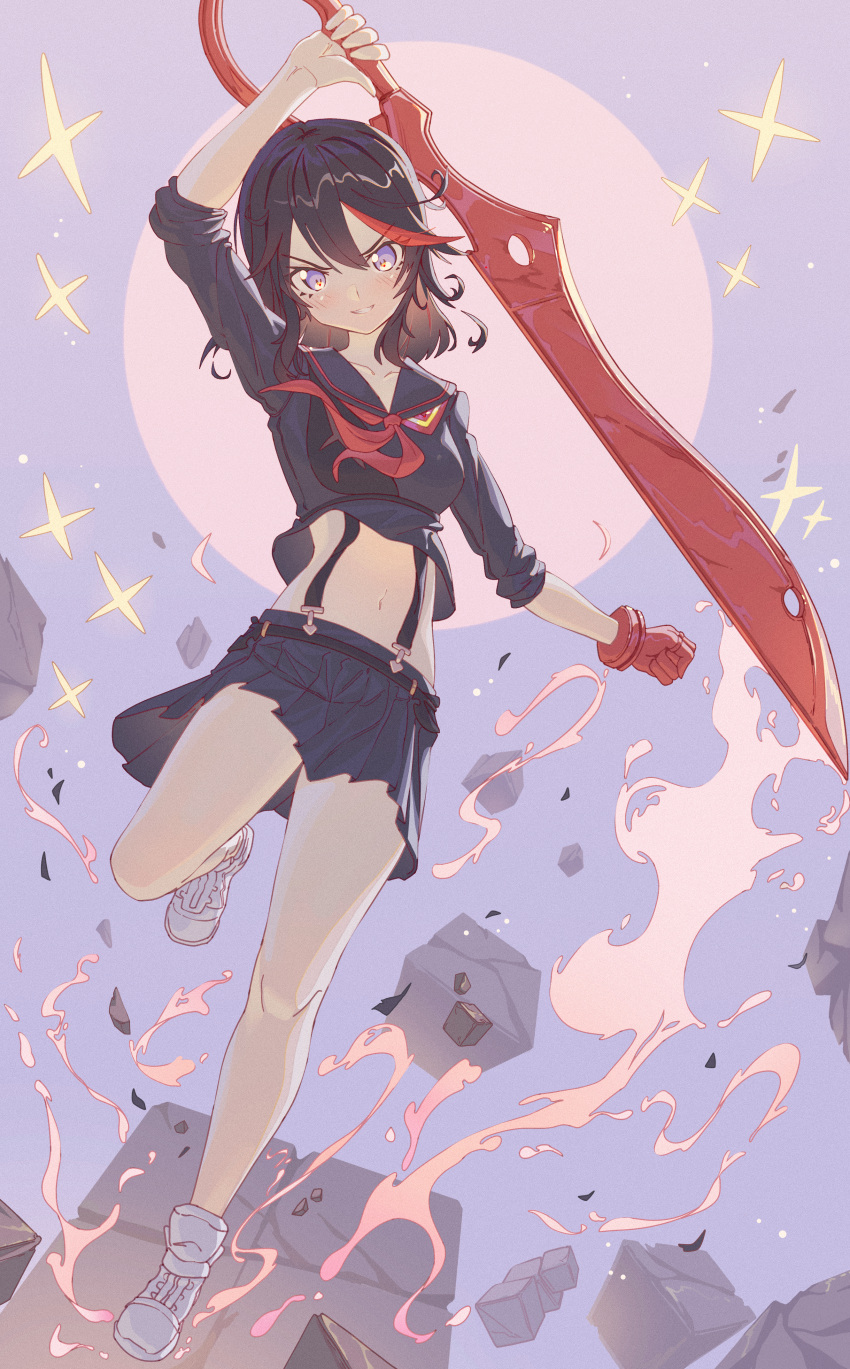 1girl absurdres arm_up black_hair black_serafuku black_skirt blue-eyes_white_dragon crack eyebrows film_grain gloves hair_between_eyes highres holding holding_sword holding_weapon huge_filesize hyunwoo kill_la_kill matoi_ryuuko medium_hair multicolored multicolored_hair navel parted_lips red_gloves redhead rock school_uniform scissor_blade senketsu serafuku shoes single_glove skirt sleeves_rolled_up smile smoke sneakers solo sparkle streaked_hair sword teeth weapon white_footwear