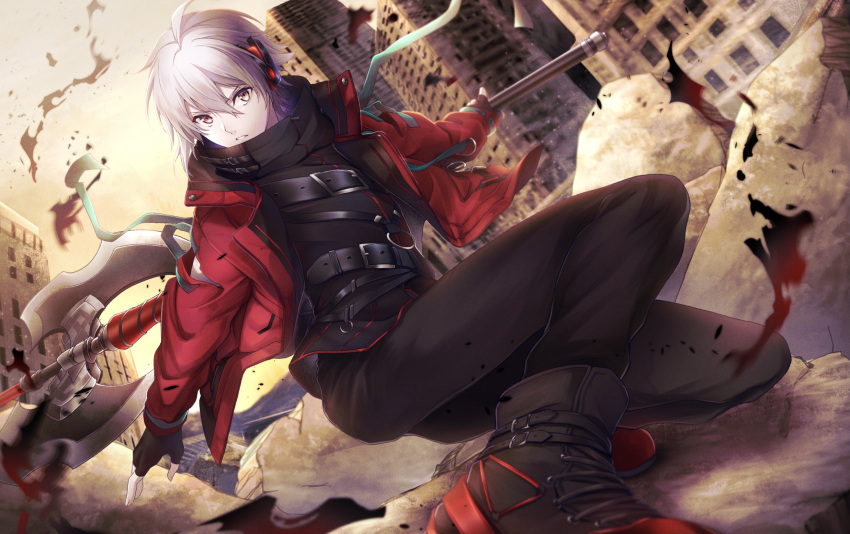 1boy ahoge axe belt black_footwear black_gloves brown_eyes building crack fingerless_gloves fingernails gloves hair_between_eyes highres holding holding_axe holding_weapon idolish_7 jacket kujou_tenn male_focus noan o-ring open_clothes open_jacket outdoors parted_lips post-apocalypse red_jacket reverse_grip rock rubble solo torn weapon white_hair zipper_pull_tab