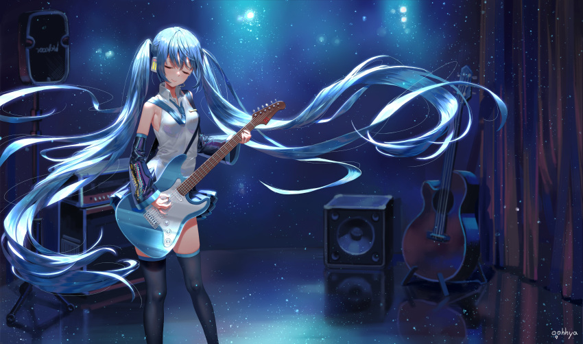 1girl absurdly_long_hair absurdres acoustic_guitar amplifier_(instrument) aqua_nails artist_name bare_shoulders black_legwear black_skirt black_sleeves blue_hair blue_neckwear closed_eyes commentary curtains detached_sleeves electric_guitar english_commentary guitar hatsune_miku headphones headset highres holding holding_instrument holding_plectrum instrument light_particles light_smile lips long_hair miniskirt music nail_polish necktie oohhya playing_instrument pleated_skirt shirt skirt sleeveless sleeveless_shirt solo speaker stage standing thigh-highs twintails very_long_hair vocaloid white_shirt wide_shot zettai_ryouiki