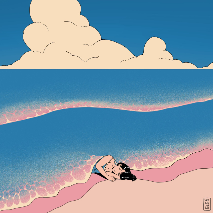 1girl aqua_camisole artist_name beach black_hair blue_sky closed_eyes clouds cloudy_sky highres long_hair lying on_side original outdoors sky sleeping smile solo surreal veebiejeebies