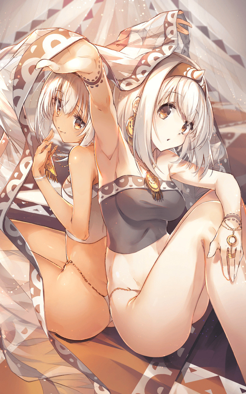 2girls arm_up armpits back-to-back bangs dark_skin dark-skinned_female eyebrows_visible_through_hair hairband highres jewelry looking_at_viewer multiple_girls necklace official_art sarana short_hair siblings sisters sitting smile twins uruuru utawareru_mono utawareru_mono:_itsuwari_no_kamen white_hair