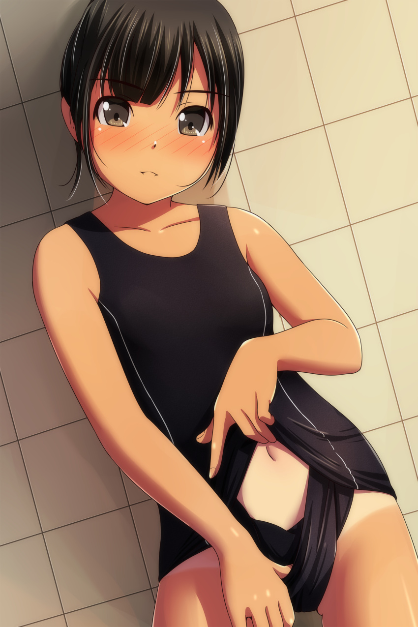 1girl absurdres ass_visible_through_thighs bangs bare_arms bare_shoulders black_hair black_swimsuit blush breasts brown_eyes collarbone cowboy_shot eyebrows_visible_through_hair highres looking_at_viewer matsunaga_kouyou navel nose_blush one-piece_swimsuit one-piece_tan original parted_lips school_swimsuit_flap small_breasts solo swimsuit tan tanline tile_wall tiles