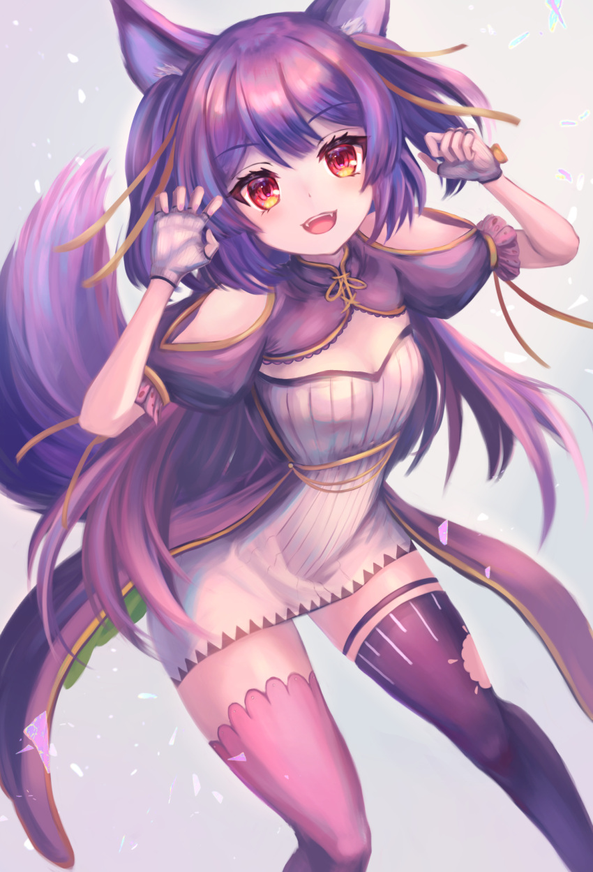 .live 1girl animal_ears breasts commentary_request denchi_more_power fingerless_gloves gloves highres long_hair open_mouth purple_hair red_eyes rurun_rururica simple_background small_breasts solo tail thigh-highs virtual_youtuber white_background wolf_ears wolf_tail