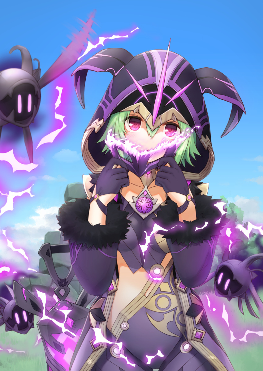 1girl blush cloak electro_cicin_mage_(genshin_impact) fur_cuffs gem genshin_impact gloves green_hair hair_between_eyes highres hood hooded_cloak kawama_hidesuke long_sleeves looking_at_viewer mask mask_removed short_hair violet_eyes