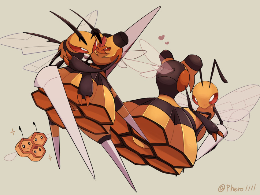 0_0 a-nya bee beedrill blush bug combee commentary_request eye_contact gen_1_pokemon gen_4_pokemon heart highres hug insect looking_at_another mega_beedrill mega_pokemon no_humans pokemon pokemon_(creature) red_eyes simple_background sparkle sweatdrop twitter_username vespiquen watermark