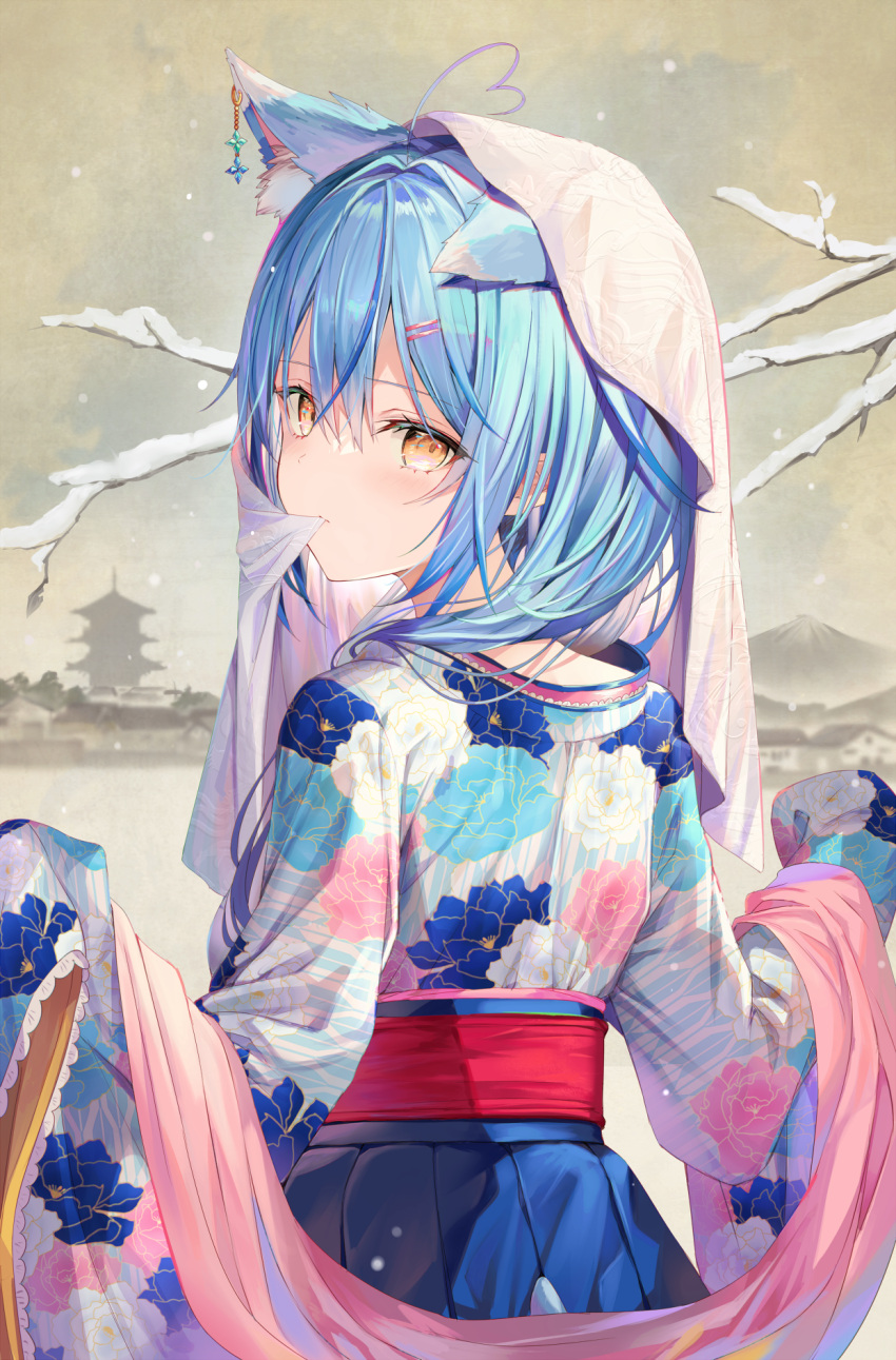 1girl ahoge animal_ears architecture bangs blue_hair blush branch breasts cat cat_ears cat_tail commentary_request east_asian_architecture expressionless eyebrows_visible_through_hair floral_print from_behind hair_between_eyes hair_ornament hair_over_shoulder hairclip heart_ahoge highres hololive hood japanese_clothes jewelry kemonomimi_mode kimono long_hair long_sleeves looking_at_viewer looking_back mountain mouth_hold new_year obi outdoors pointy_ears print_kimono rin_yuu sash shawl sidelocks single_earring sleeves_past_fingers sleeves_past_wrists snow snowing solo tail virtual_youtuber wide_sleeves yellow_eyes yukata yukihana_lamy