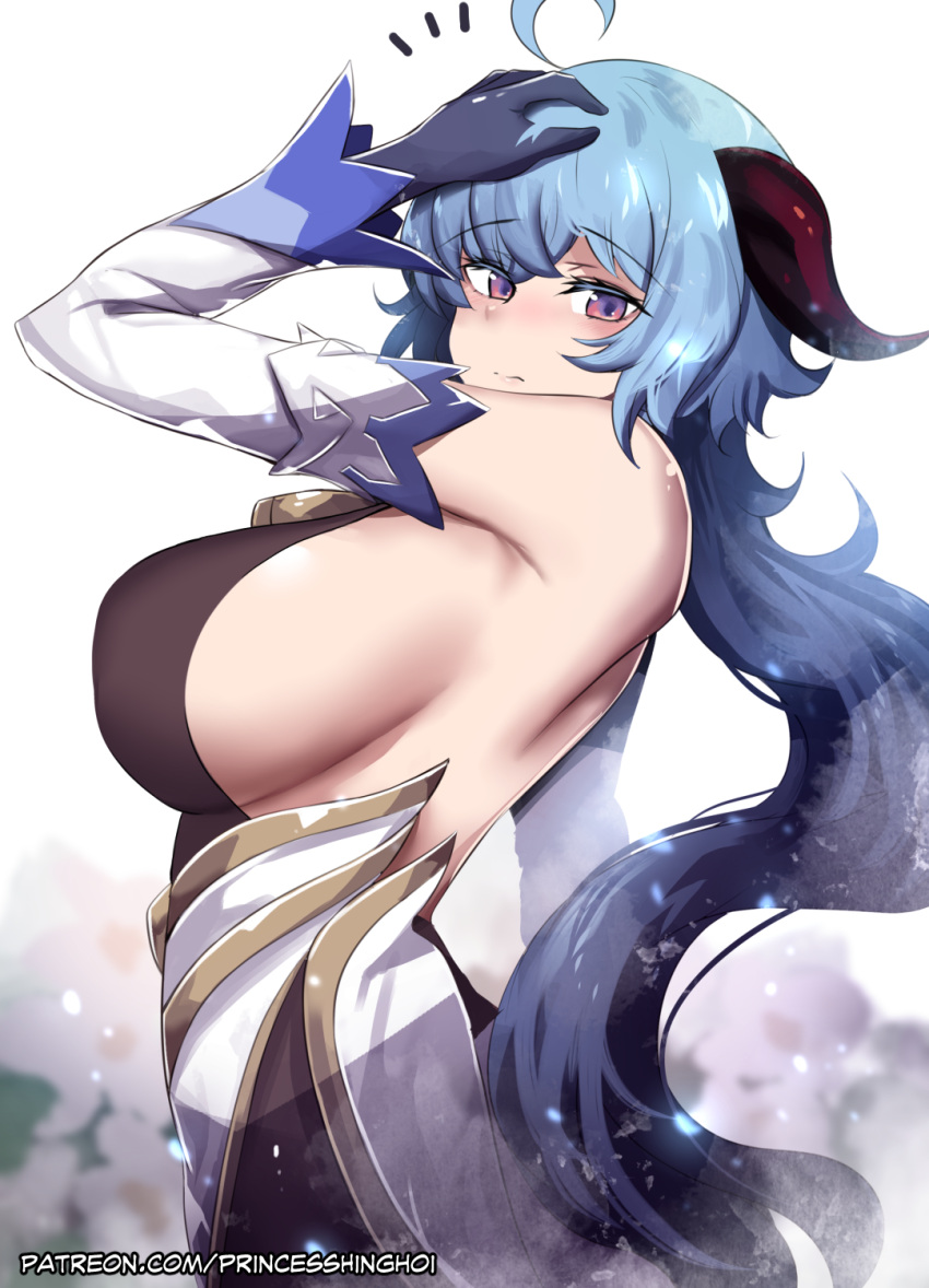 1girl ahoge alternate_breast_size arm_up armpits bare_shoulders bell blue_hair blush bodysuit bow breasts cowbell detached_sleeves eyebrows_visible_through_hair from_side ganyu_(genshin_impact) genshin_impact gloves goat_horns half-closed_eyes hand_on_own_head highres hinghoi horns large_breasts long_sleeves looking_at_viewer sideboob