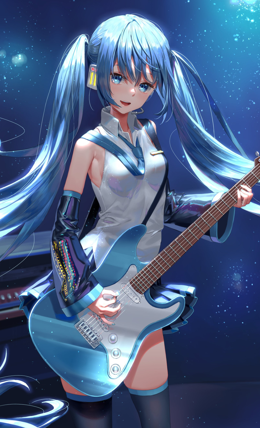 1girl absurdly_long_hair absurdres amplifier_(instrument) aqua_nails bare_shoulders black_legwear black_skirt black_sleeves blue_hair blue_neckwear commentary cowboy_shot detached_sleeves electric_guitar english_commentary guitar hatsune_miku headphones headset highres holding holding_instrument holding_plectrum instrument long_hair looking_at_viewer miniskirt music nail_polish necktie oohhya open_mouth playing_instrument pleated_skirt shirt skirt sleeveless sleeveless_shirt smile solo standing thigh-highs twintails very_long_hair vocaloid white_shirt zettai_ryouiki