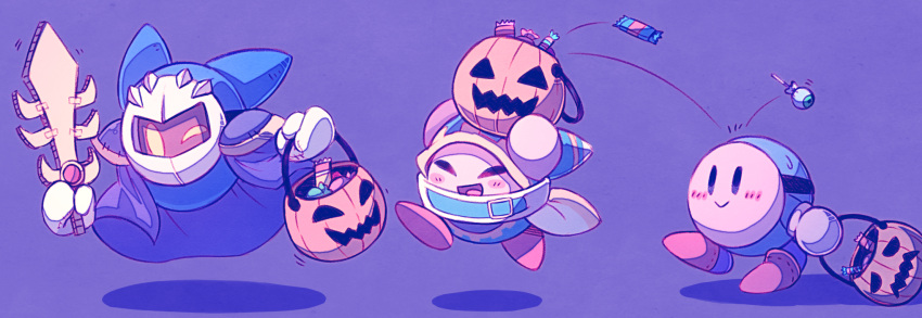 arms_up basket candy cape cardboard closed_eyes costume falling floating food gloves halloween halloween_costume highres holding holding_basket holding_sword holding_weapon kirby kirby's_dream_land kirby_(series) magolor mask meta_knight no_humans one_eye_closed open_mouth purple_background purple_cape running simple_background smile sweatdrop sword violet_mood walking weapon white_gloves yellow_eyes