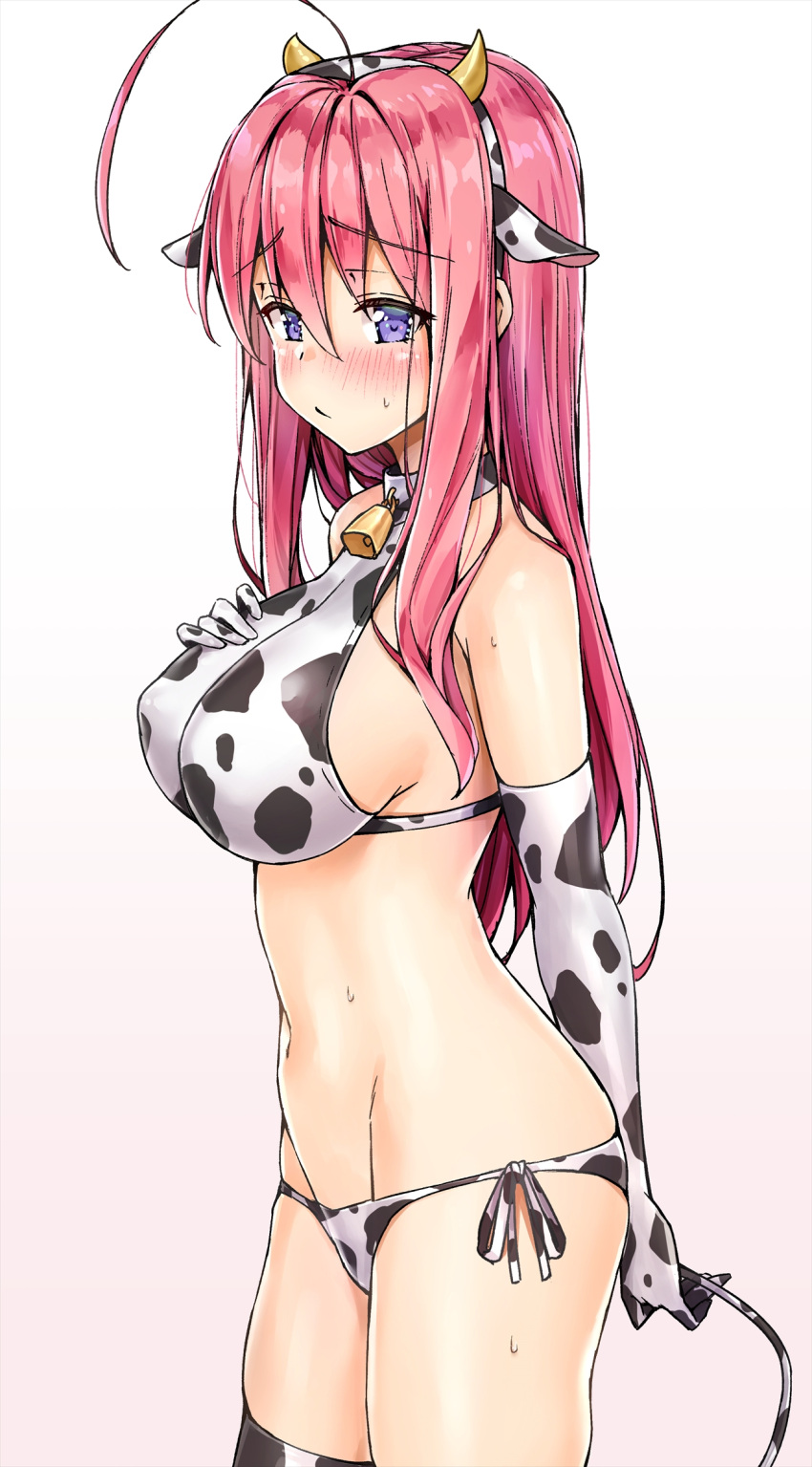 1girl ahoge animal_ears animal_print arm_behind_back bangs bell bikini blush breasts closed_mouth commentary_request cow_ears cow_horns cow_print cow_tail cowbell elbow_gloves eyebrows_visible_through_hair fake_animal_ears fake_horns from_side gloves hair_between_eyes hairband hand_on_own_chest highres horns kotatsu_(kotatsu358) large_breasts long_hair neet_de_otaku_na_kunoichi_to_naze_ka_dousei_hajimemashita pink_hair print_bikini print_gloves shizuri_(neet_de_otaku_na_kunoichi_to_naze_ka_dousei_hajimemashita) side-tie_bikini side-tie_bottom simple_background solo standing straight_hair sweat swimsuit tail violet_eyes white_background