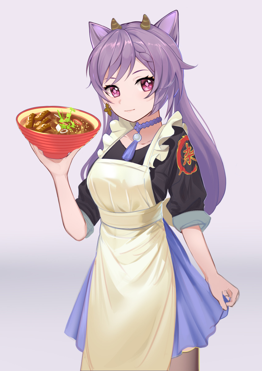 1girl absurdres alternate_costume apron bowl collarbone dress food_request frilled_dress frills genshin_impact highres holding holding_bowl jewelry jiao_cat keqing_(genshin_impact) long_hair looking_at_viewer necklace pantyhose purple_hair simple_background solo twintails violet_eyes white_background