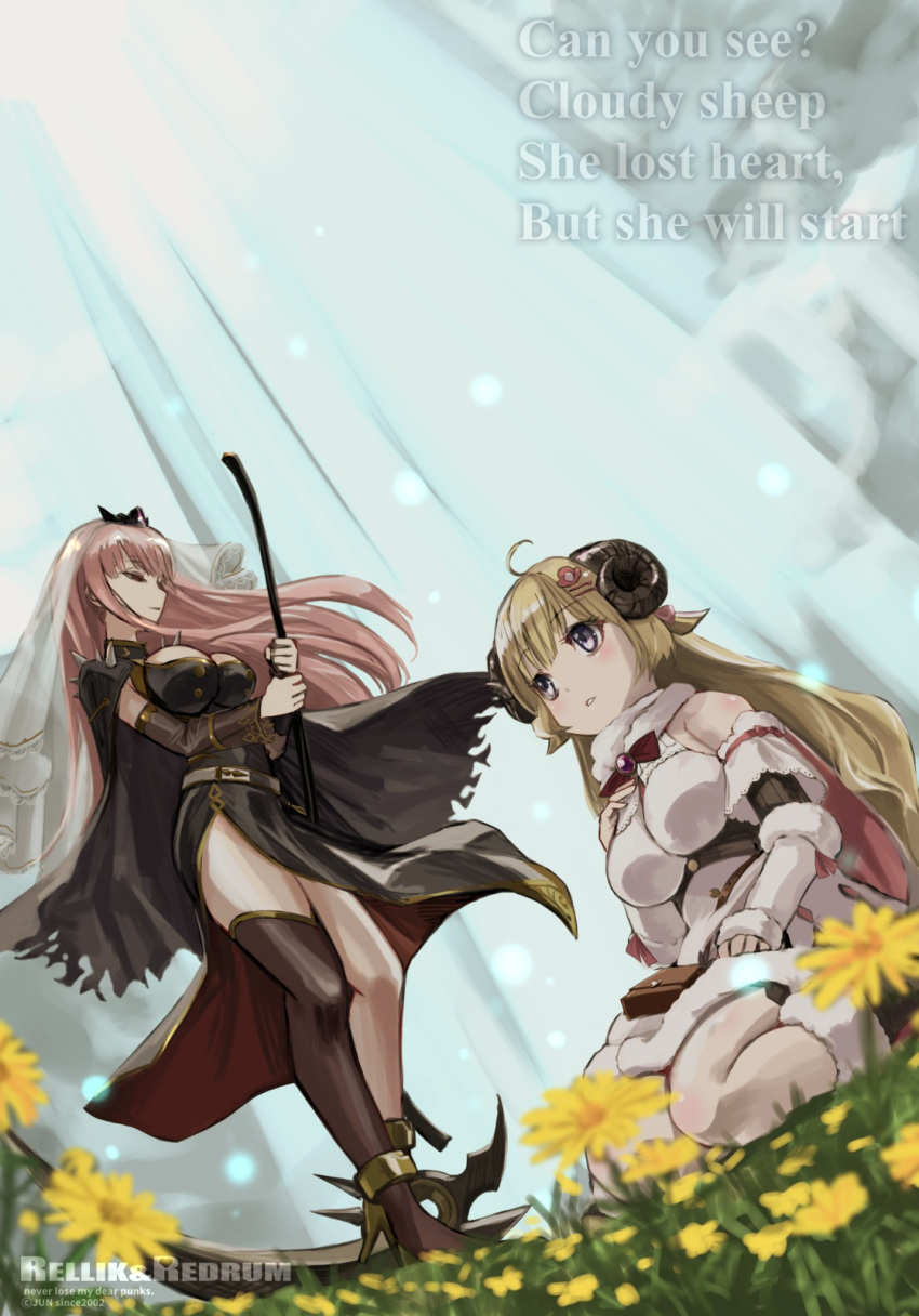 2girls bangs black_dress blonde_hair blush bracer breasts cape detached_sleeves dress english_text floating_hair highres holding holding_scythe holding_weapon hololive hololive_english horns jun_(rellik_&amp;_redrum) large_breasts looking_down looking_up mori_calliope multiple_girls parted_lips pink_hair red_eyes scythe sheep_girl sheep_horns single_thighhigh spikes standing thigh-highs tsunomaki_watame violet_eyes virtual_youtuber weapon white_dress