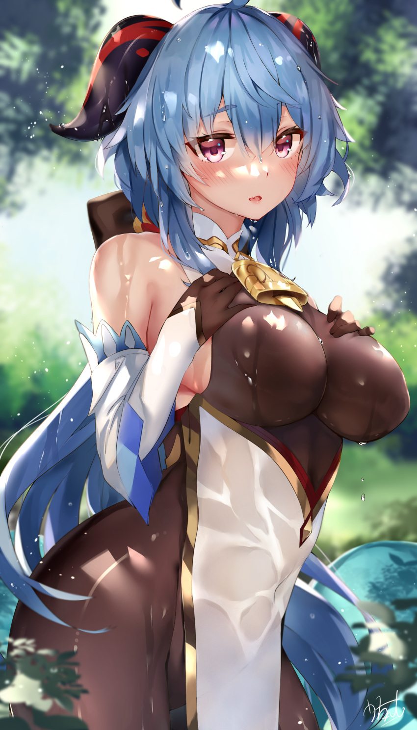 1girl absurdres ahoge bangs bare_shoulders blue_hair blush bodystocking bow breast_suppress breasts brown_bodysuit brown_gloves covered_navel detached_sleeves ganyu_(genshin_impact) genshin_impact gloves goat_horns gold_trim hair_bow highres horns huge_filesize large_breasts long_hair looking_at_viewer low_ponytail open_mouth signature solo tree u_ronnta violet_eyes wet wet_clothes