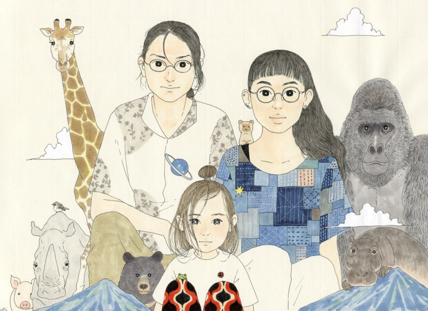 1girl 3girls age_difference awai880 bear bird black_hair brown_hair brown_pants child clouds collared_shirt commentary_request earrings frog giraffe glasses gorilla hippopotamus jewelry long_hair looking_at_viewer multiple_girls pants pig planetary_ring real_life rhinoceros shirt short_sleeves signature solo white_shirt