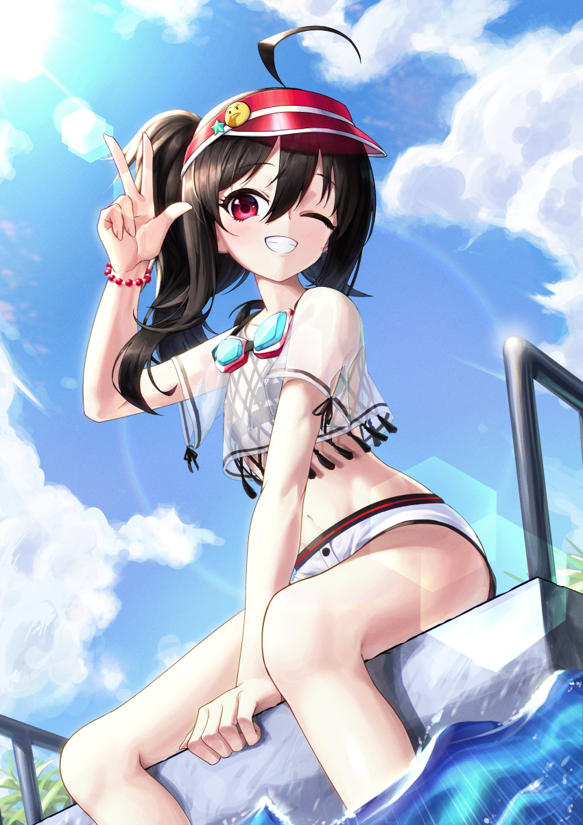 1girl ;d absurdres ahoge arm_up bead_bracelet beads between_legs bikini black_bikini black_hair blue_sky bracelet clouds crop_top crop_top_overhang day dutch_angle flat_chest goggles goggles_around_neck grin hair_between_eyes highres huge_filesize jewelry long_hair looking_at_viewer micro_shorts midriff navel one_eye_closed open_mouth original outdoors pellas_(panix2383) poolside red_eyes see-through shirt short_shorts short_sleeves shorts side_ponytail sitting sky smile solo stomach striped striped_bikini sun sunlight swimsuit thighs visor_cap w water white_shirt white_shorts