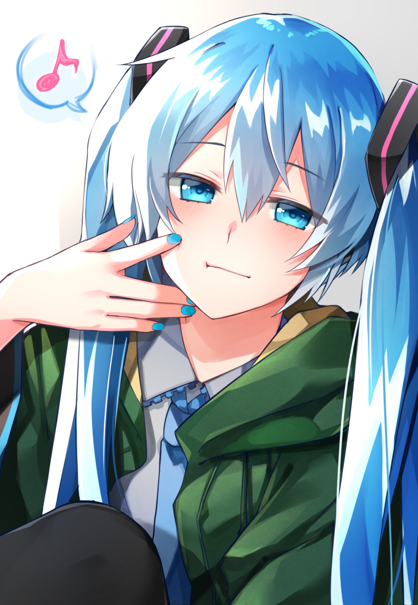 1girl :t bangs blue_eyes blue_hair blue_nails blue_neckwear blush closed_mouth collared_shirt commentary_request drawstring eighth_note eyebrows_visible_through_hair gradient gradient_background green_jacket grey_background grey_shirt hair_between_eyes hand_up hatsune_miku highres hood hood_down hooded_jacket jacket katsuobushi_(eba_games) long_hair looking_at_viewer musical_note nail_polish necktie open_clothes open_jacket shirt solo spoken_musical_note twintails vocaloid white_background
