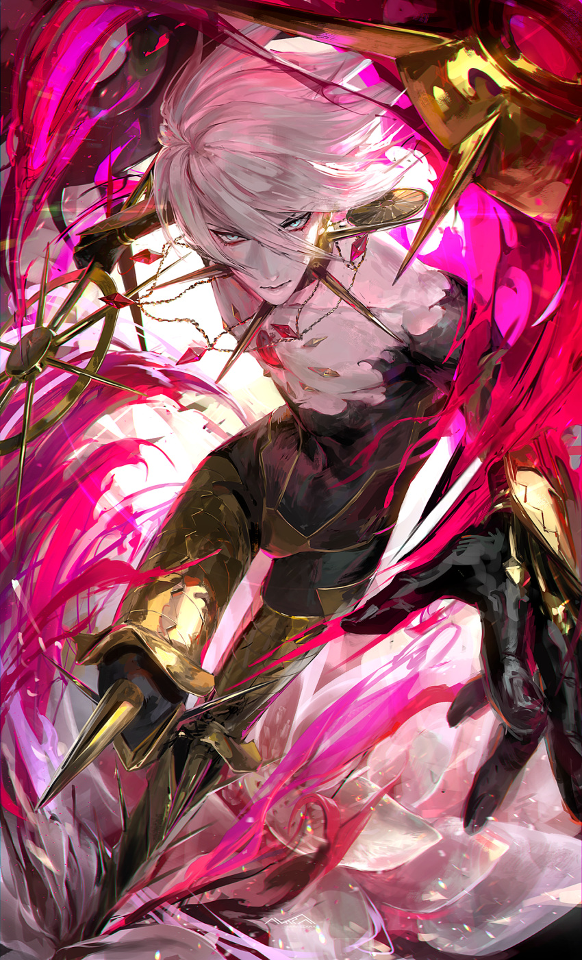 1boy armor armored_boots bangs bare_pecs blue_eyes boots cape colored_skin earrings egawa_akira fate/grand_order fate_(series) gold_armor gold_earrings highres holding holding_spear holding_weapon jewelry karna_(fate) looking_at_viewer makeup male_focus multicolored multicolored_skin polearm solo spear weapon