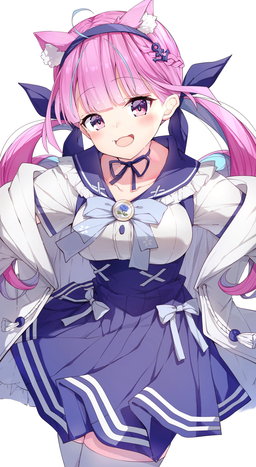 1girl :d absurdres animal_ear_fluff animal_ears bangs blue_bow blue_choker blue_dress blue_hair blue_hairband blue_neckwear blue_ribbon blunt_bangs blush bow bowtie breasts brooch cat_ears choker collarbone cowboy_shot darjeeling_(reley) dress dress_bow eyebrows_visible_through_hair fang grey_legwear hair_ribbon hairband highres hololive jewelry kemonomimi_mode large_breasts long_hair looking_at_viewer minato_aqua multicolored_hair neck_ribbon open_mouth pink_eyes pink_hair ribbon ribbon_choker simple_background skin_fang smile solo standing thigh-highs twintails two-tone_hair very_long_hair virtual_youtuber white_background white_bow zettai_ryouiki