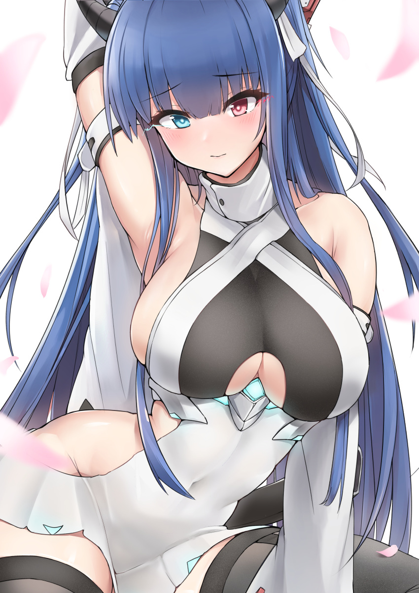1girl absurdres arm_belt azur_lane bangs bare_shoulders black_legwear blue_eyes blue_hair blush breasts choker closed_mouth clothing_cutout covered_navel detached_sleeves dress eyebrows_visible_through_hair glowing glowing_eyes hand_up heterochromia highres horns ibuki_(azur_lane) lace lace_choker lagijay large_breasts long_hair looking_at_viewer no_panties petals red_eyes revision short_dress sideless_outfit simple_background solo straight_hair thigh-highs underboob_cutout very_long_hair white_dress white_sleeves wide_sleeves