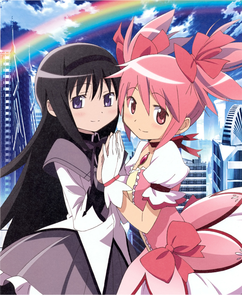 2girls absurdres akemi_homura artist_request black_hair black_hairband blush bubble_skirt capelet chocker choker city cityscape closed_mouth dot_nose dress eyebrows_visible_through_hair fingers_together frills gloves hair_between_eyes hair_ribbon hairband hands_up happy highres kaname_madoka light_smile long_hair long_sleeves looking_at_viewer magical_girl mahou_shoujo_madoka_magica multiple_girls official_art pink_dress pink_eyes pink_hair pink_neckwear pleated_skirt rainbow ribbon short_hair short_twintails skirt skyline soul_gem tareme twintails upper_body violet_eyes white_gloves