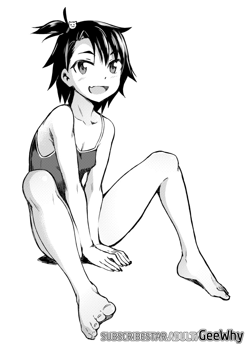 1girl absurdres barefoot blush breasts fang fingernails geewhy greyscale high_contrast highres hodaka_natsumi houkago_teibou_nisshi looking_at_viewer monochrome one-piece_swimsuit one_side_up short_hair sitting skin_fang small_breasts solo spread_legs swimsuit toes